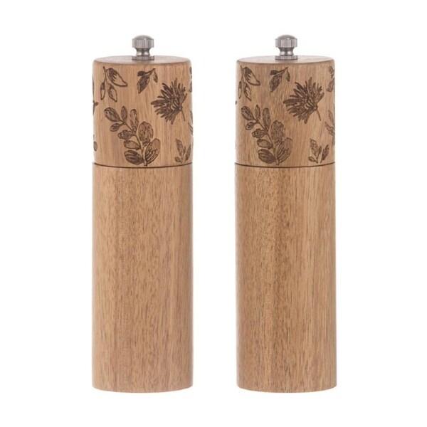 2pc Ladelle Mossman Salt & Pepper Grinder Set Acacia W/ Etched Florals Wood