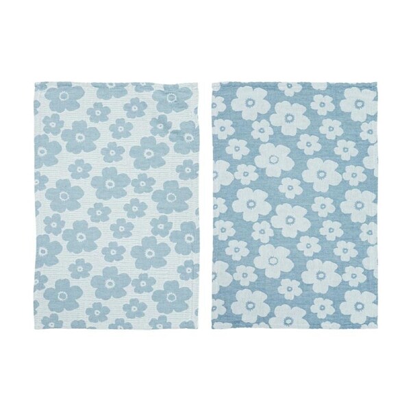 2pc Ladelle Jacquard Soft Durable Cotton Flower Kitchen Tea Towels Blue