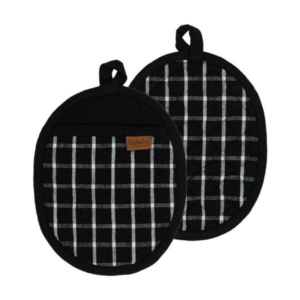 2pc Ladelle Hemingway Taupe Cotton Linen Pot Holder Set Cookware Black