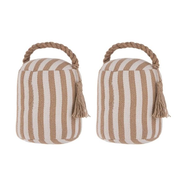 2x Ladelle Mossman Stripe Weighted Door Stop W/ Handle & Braided Tassel Latte
