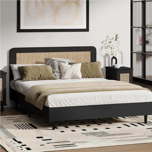 1x Oikiture Bed Frame Queen Double King Single Size Beds Real Rattan Headboard Black Single