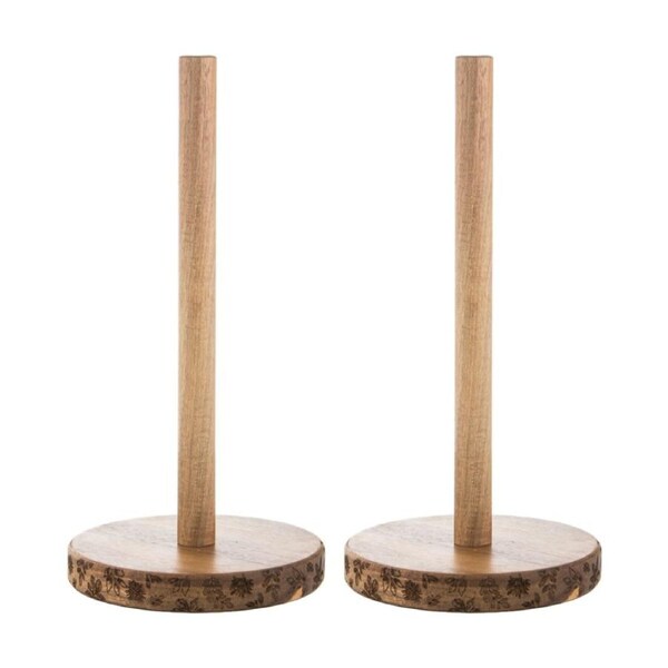2x Ladelle Mossman Paper Towel Holder Acacia W/ Etched Florals Wood