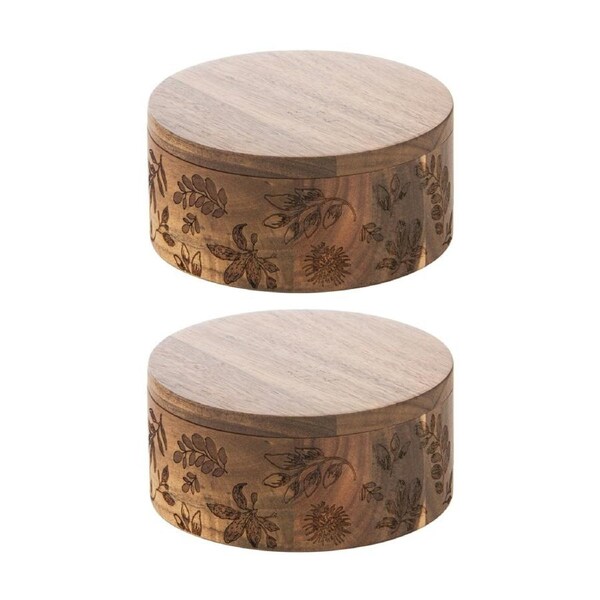 2x Ladelle Mossman 2 Part Salt Cellar Acacia W/ Etched Florals Wood