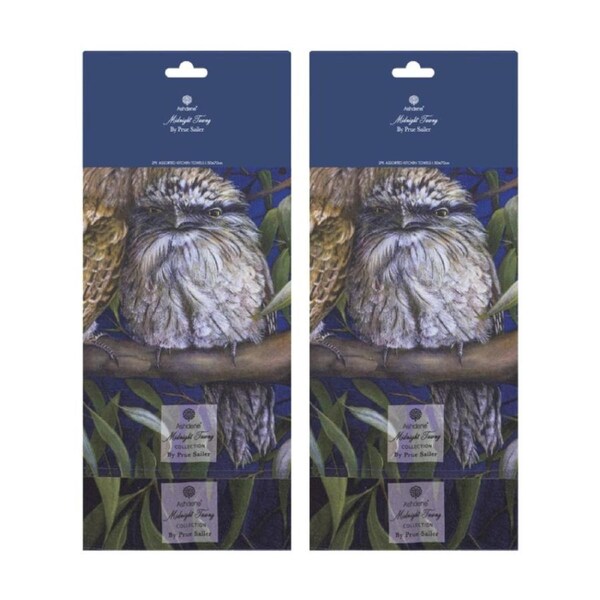 2x 2pc Ashdene Midnight Tawny Kitchen Tea Towel Set Frogmouth Bird Animal Art