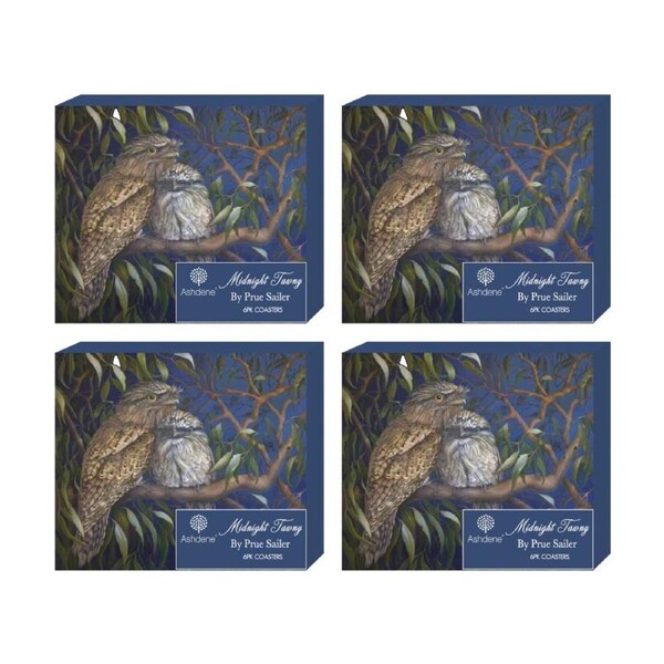 4x 6pc Ashdene Midnight Tawny Coaster Serveware Set Frogmouth Bird Animal Art