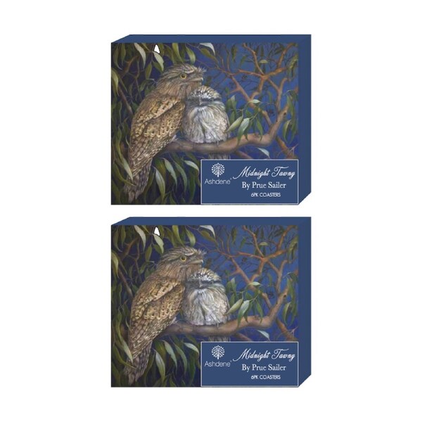 2x 6pc Ashdene Midnight Tawny Coaster Serveware Set Frogmouth Bird Animal Art