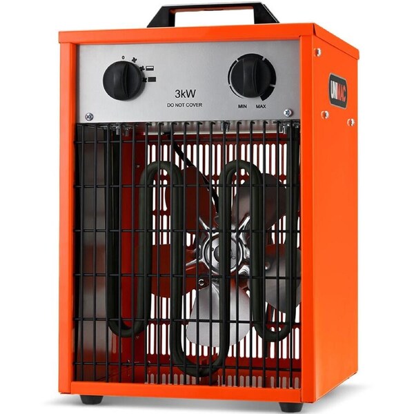 Unimac 3kW Industrial Electric Fan Heater 15A, Adjustable Thermostat, 2 Heat Settings, Fast Heating, Compact Portable Box Design for Workshop and Garage Use
