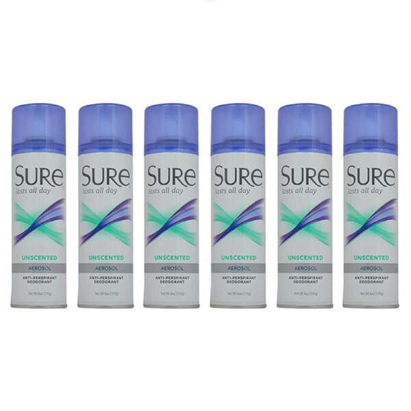Aerosol Unscented Anti-Perspirant and Deodorant by Sure for Unisex - 6 oz Deodorant Spray - Pack of 6 6 oz