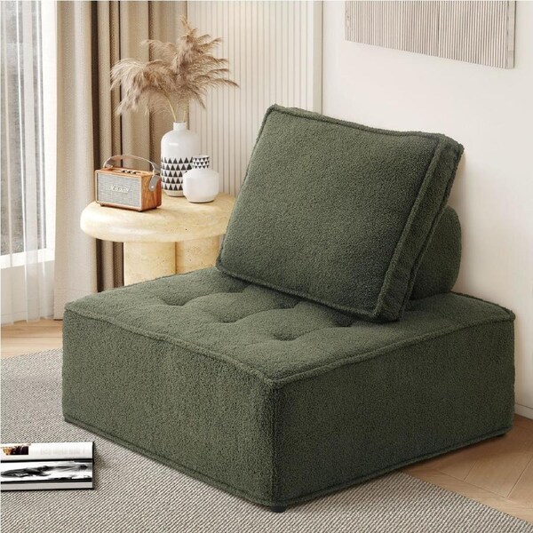 Oikiture 1-4PCS Modular Sofa Lounge Chair Armless TOFU Back Sherpa/Linen/PU 1PC/Green