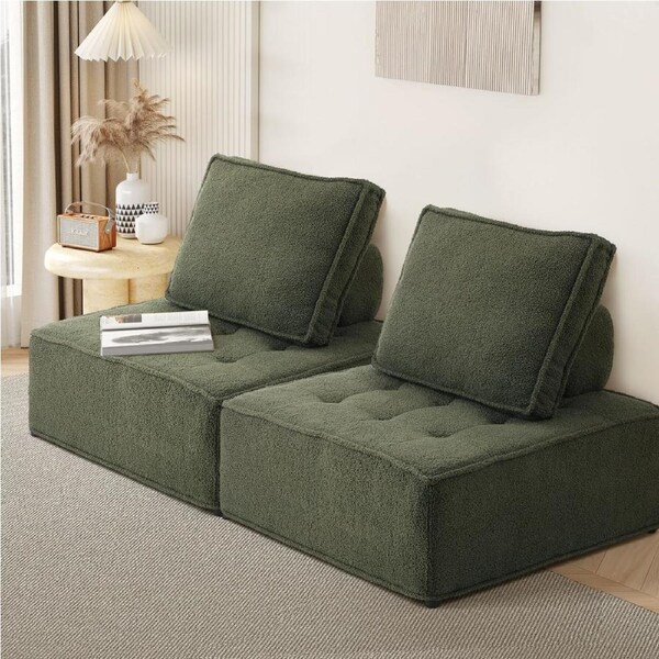 Oikiture 1-4PCS Modular Sofa Lounge Chair Armless TOFU Back Sherpa/Linen/PU 2PCS/Green