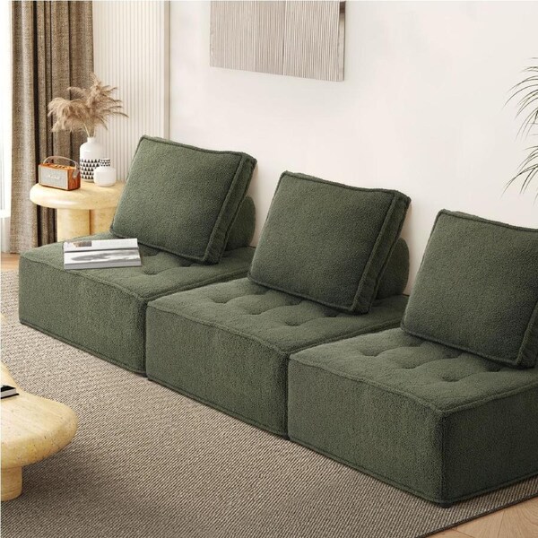 Oikiture 1-4PCS Modular Sofa Lounge Chair Armless TOFU Back Sherpa/Linen/PU 3PCS/Green