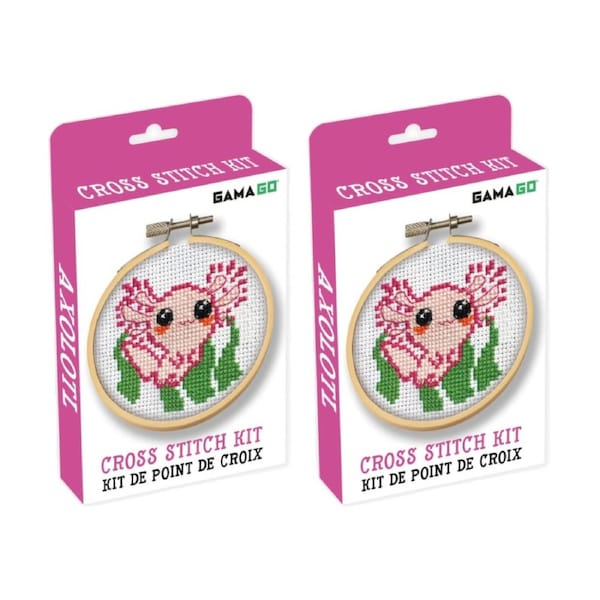 2x Gamago Axolotl Kids Craft Cross Stitch Embroidery Kit Pink/Green