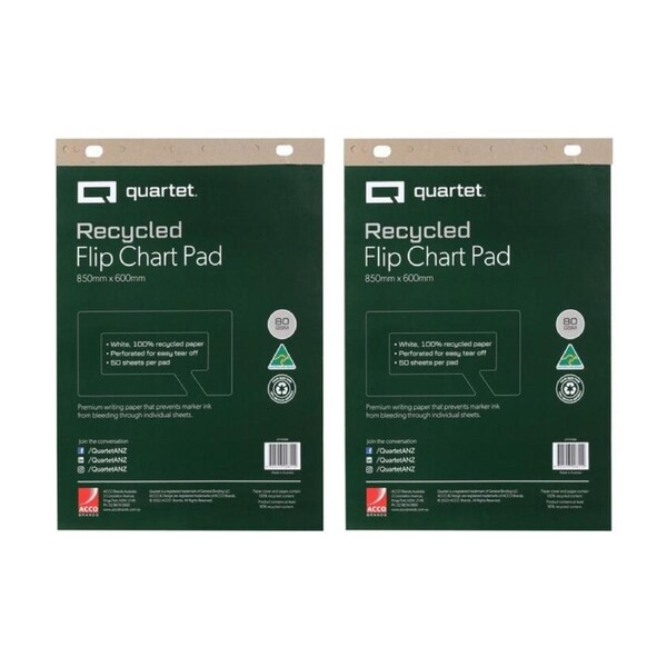 2x Quartet Flipchart Pad 50 Sheets Recycled Paper 600x850mm White