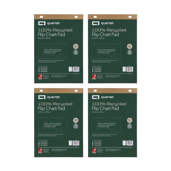 4x Quartet Flipchart Pad 20 Sheets Recycled Paper 600x850mm White
