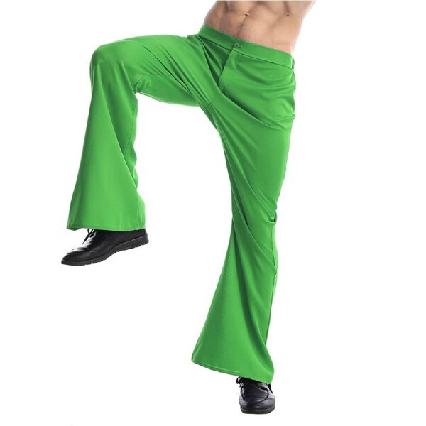 Mens 70s Deluxe Retro Disco Flare Trousers Pants Costume Dancer Dance Green / L/XL (Heights 175-185cm)