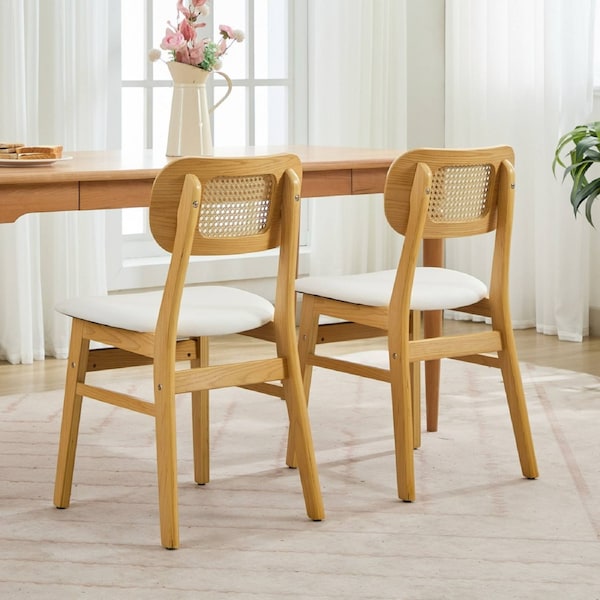 Maxhomm Set of 2 Rattan Dining Chairs, French Cane Back Bentwood Chair with PU Leather Padded Seat