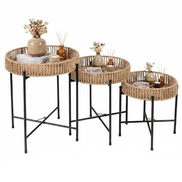 Giantex Set of 3 Round Nesting Side Tables w/Hand-Woven Rattan Rope Metal Legs Boho Accent End Tables Coffee Tables Bedside Nightstands for Small Spaces