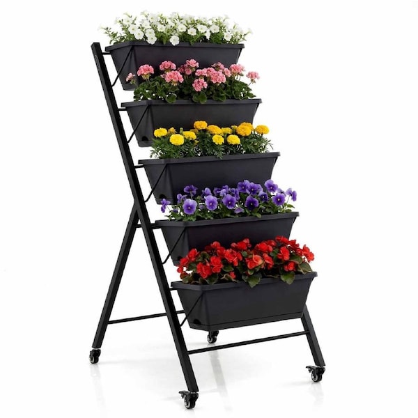 Costway 5-Tier Mobile Raised Garden Bed Removable Planter Box & Tray w/Wheels Drainage Holes Container Backyard Patio