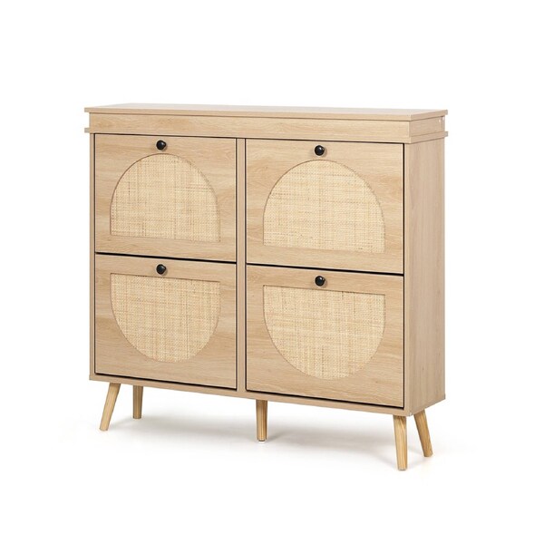 Hellofurniture Eletta Rattan Shoe Cabinet with 4 Doors Oak