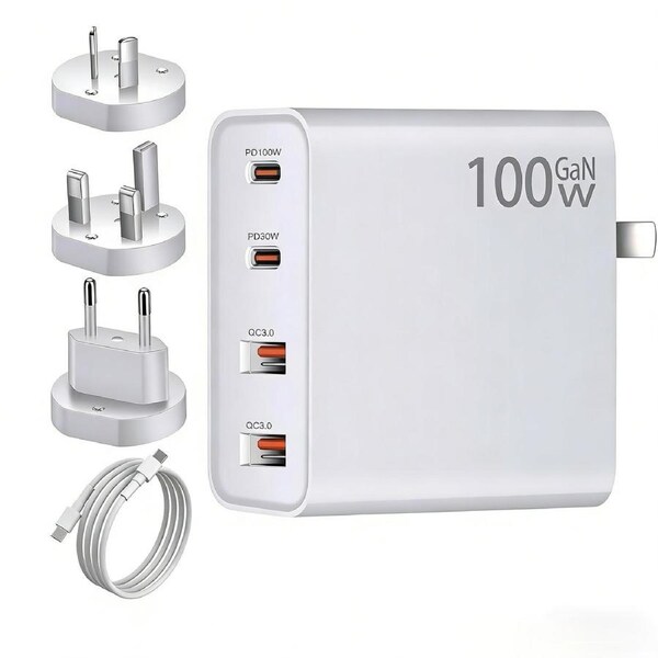 100W GaN USB C Charger, 4-Port PD QC3.0 Fast Charger with AU/US/UK/EU Plugs, Travel Wall Adapter for MacBook, iPhone 16, Galaxy, Laptops & Phones
