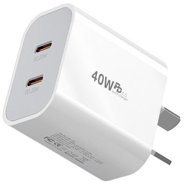 40W Dual USB-C AU Plug PD Fast Charger, 20W+20W for iPhone, Samsung, Travel Charger