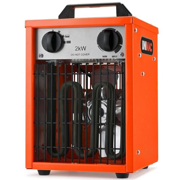 Unimac 2kW Industrial Electric Fan Heater 10A, Adjustable Thermostat, 2 Heat Settings, Fast Heating, Compact Portable Box Design for Workshop and Garage Use