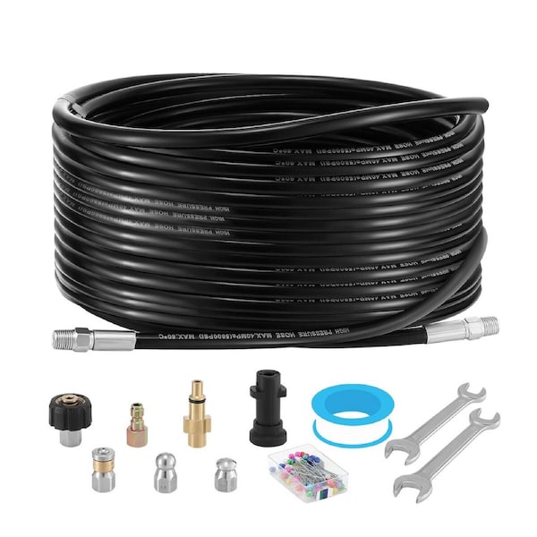 15m Sewer Jetter Drain Cleaning Kit for Pressure Washer 5800 PSI 1/4" NPT Hose with Rotating Nozzle