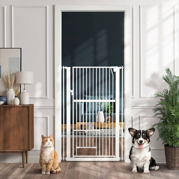 Alopet 143cm Retractable Safety Gate Pet Dog Cat with Walk Through Door White