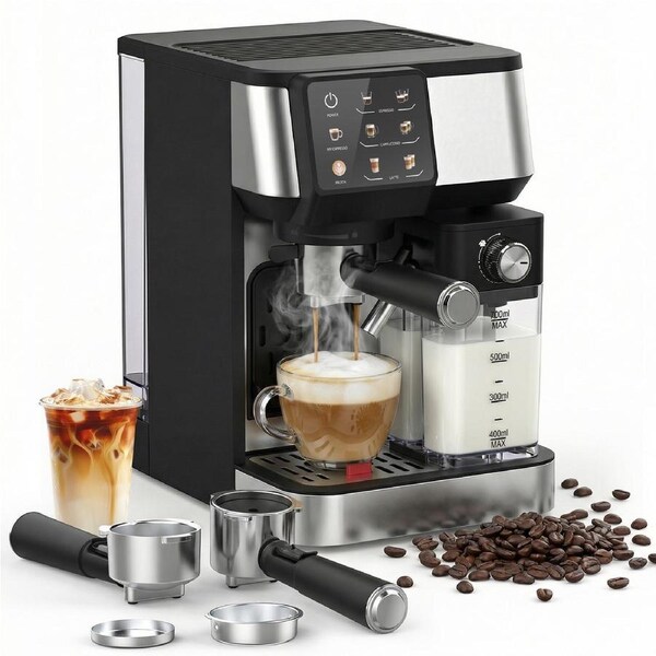 Advwin 3-in-1 Espresso Coffee Machine with Milk Frother, Compatible with Nespresso Capsules & Ground Coffee, 20 Bar Dual Boiler Coffee Maker, One-Touch Cappuccino & Latte, 2L Water Tank
