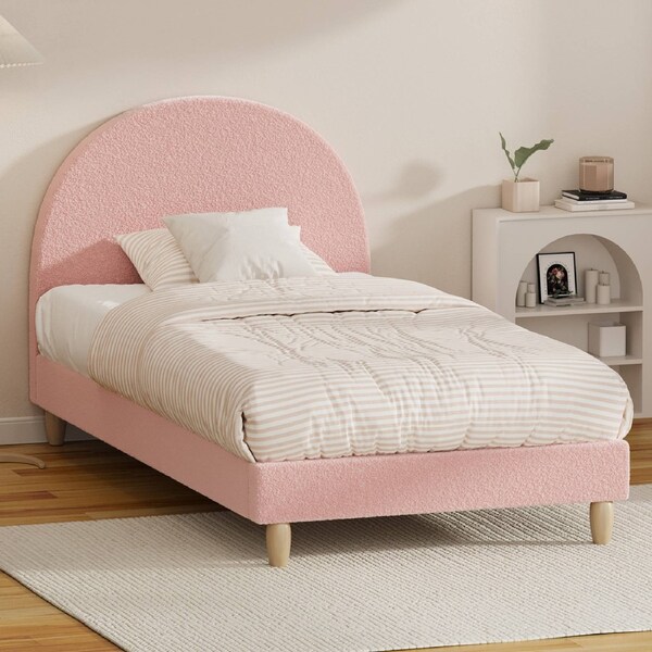 Oikiture Bed Frame Single Size Bed Platform Arched Bedhead Pink Boucle
