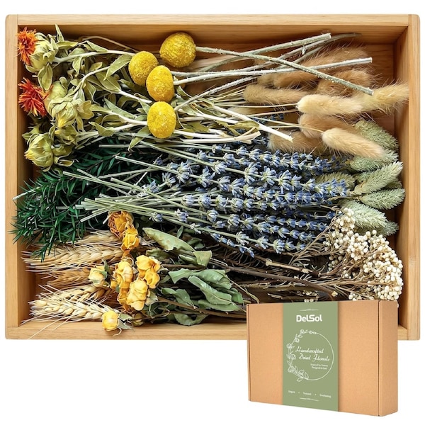 DelSol 115PCS DIY Natural Dried Flower Set for Vase Bulk Boho Dried Flowers with Stems for Home Decor Art Crafts Mini Flower Arrangements Gift