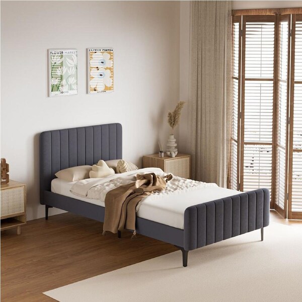Oikiture Bed Frame Queen Double King Single Velvet Fabric Grey King Single