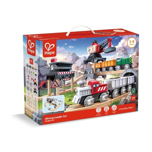 Hape Mining Loader Set Wooden Train Toy W/ Magnetic Crane 3y+ Multicolour