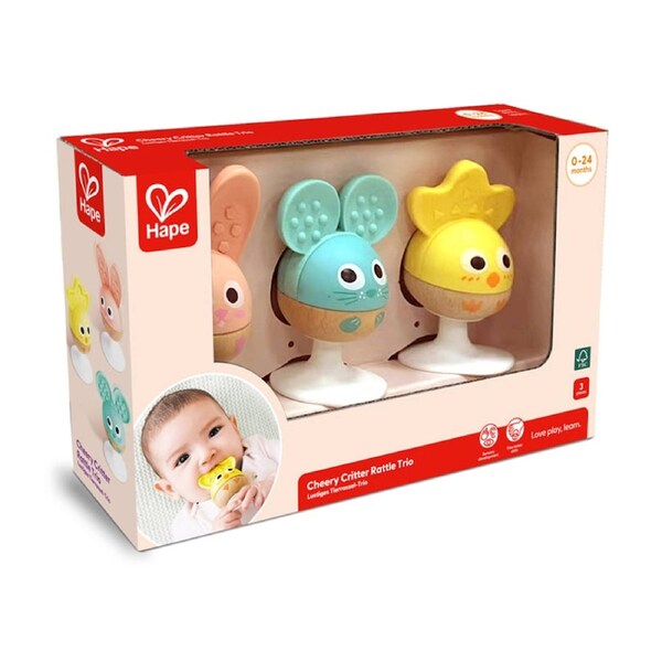 3pc Hape Cheery Critter Rattle Trio Silicone Ears Wooden Baby Toy Multicolour