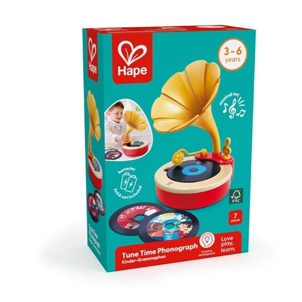 Hape Tune Time Phonograph Wooden Musical Toy W/ 2 Music Discs 3y+ Red/Yellow