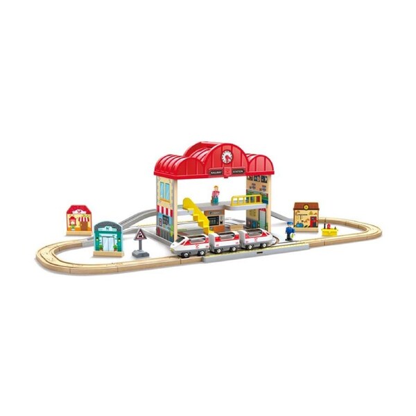 Hape Portable Train Station Set Wooden Educational Kids Toy 3y+ Multicolour