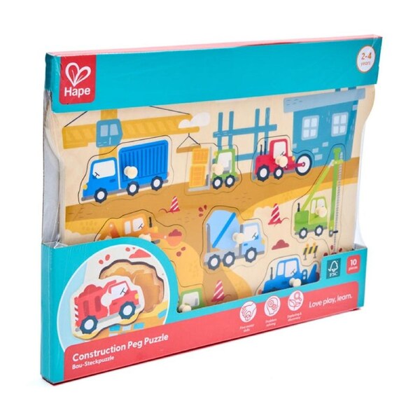 Hape Construction Vehicles Peg Puzzle Wooden Educational Toy 2y Multicolour