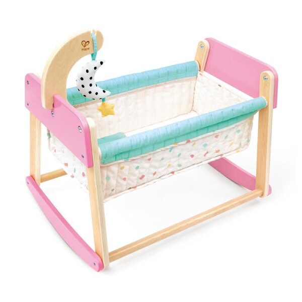 Hape Sweet Dreams Dolls Bed Wooden Cradle W/ Fabric Bassinet 2y Teal/Pink