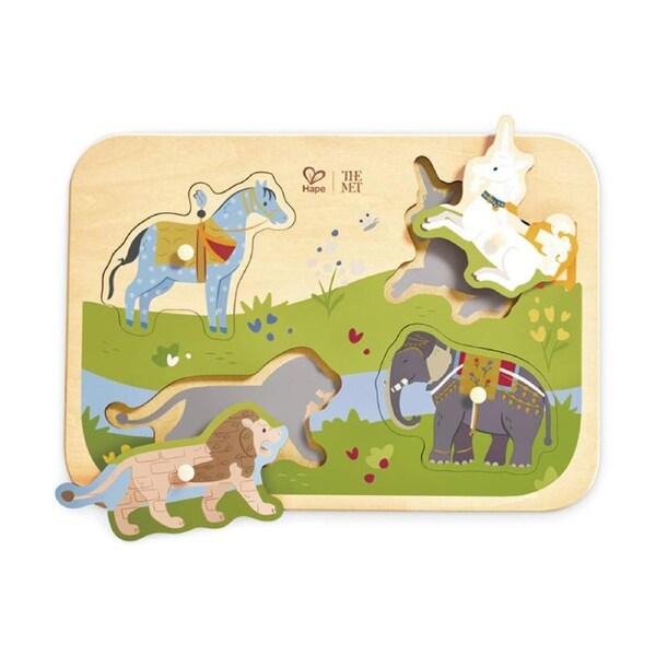 Hape Animal Friends Peg Puzzle Wooden Toy W/ Unicorn & Lion 12M Multicolour
