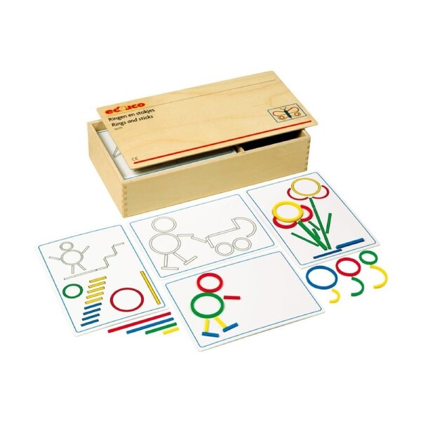 Educo Rings And Sticks Colourful Plastic Shapes Toy With Wooden Box 3y+