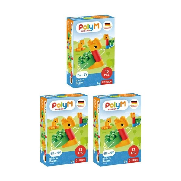 3PK Poly M Birds N Beasts Plastic Building Blocks Set 13 Pieces 18M Multicolour