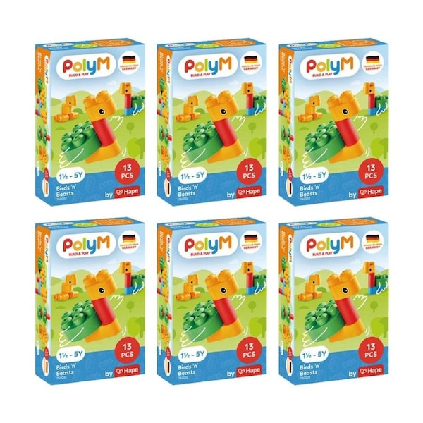 6PK Poly M Birds N Beasts Plastic Building Blocks Set 13 Pieces 18M Multicolour