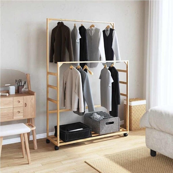 Clothes Rack with Shelves and Wheels 90x35x155 cm Bamboo vidaXL