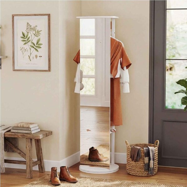 Giantex Full-Length Solid Wood Mirror Coat Rack w/Hangers Shelves & Hooks Swivel Freestanding Hall Tree for Bedroom & Entryway White/Walnut