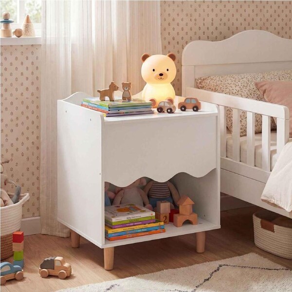 Giantex Kids Bedside Table w/Open Storage Solid Rubber Wood Legs Pink/White Toddler Nightstand for Bedroom & Playroom