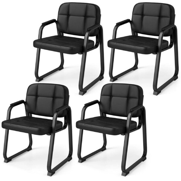 Giantex Set of 4 Black Guest Chairs w/Padded Armrests Stationary Metal Frame Side Chairs No Wheels Leather Office Reception Seating for Home