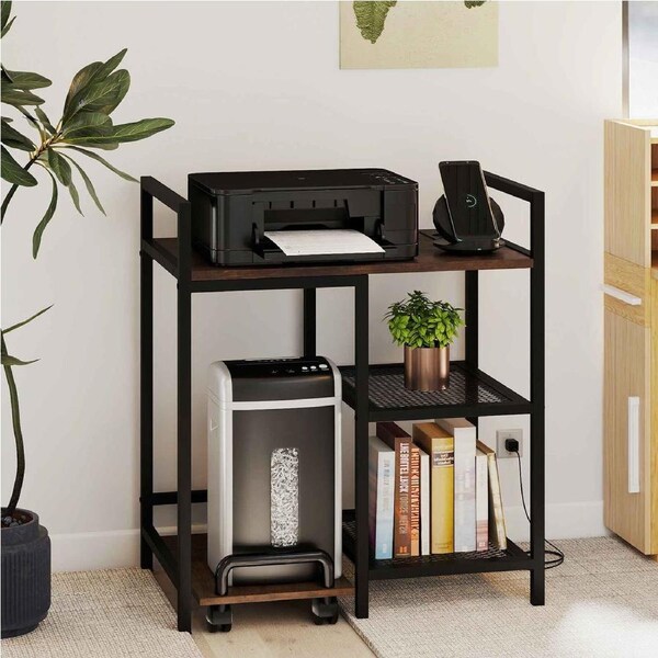 Giantex 3-Tier Mobile Printer Stand w/Charging Station USB Ports Lockable Wheels Mesh Storage PC Tower & Shredder Stand for Home Office
