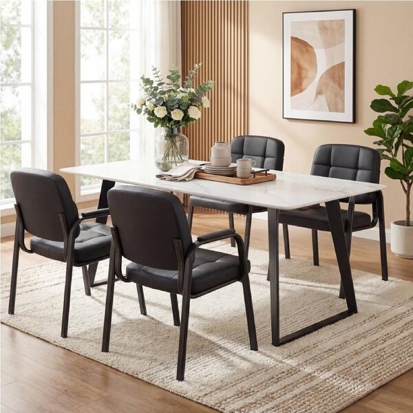 Giantex Set of 4 Black Guest Chairs w/Padded Arms Stationary Metal Frame No Wheels Leather Office Reception Chairs for Lobby & Waiting Room