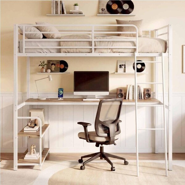 Giantex Single Metal Loft Bed w/Desk Charging Station 2 Shelves Ladder & Guardrail Space-Saving 2-in-1 Bunk Bed No Box Spring Needed