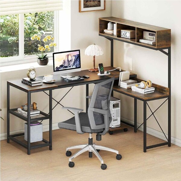 Giantex L-Shaped Desk w/Storage Hutch Reversible Corner Workstation Mobile CPU Stand USB Charging Station Rustic Brown Heavy-Duty Frame
